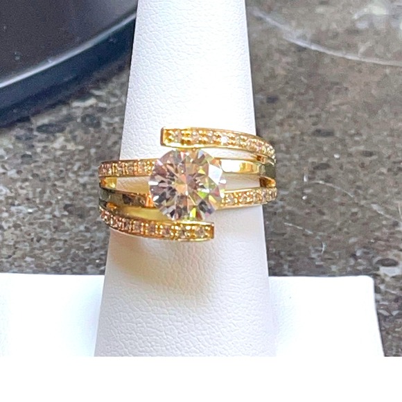 Sterling Silver 925 Gold Vermeil CZ Statement Ring – Size 6.75 - Picture 1 of 10